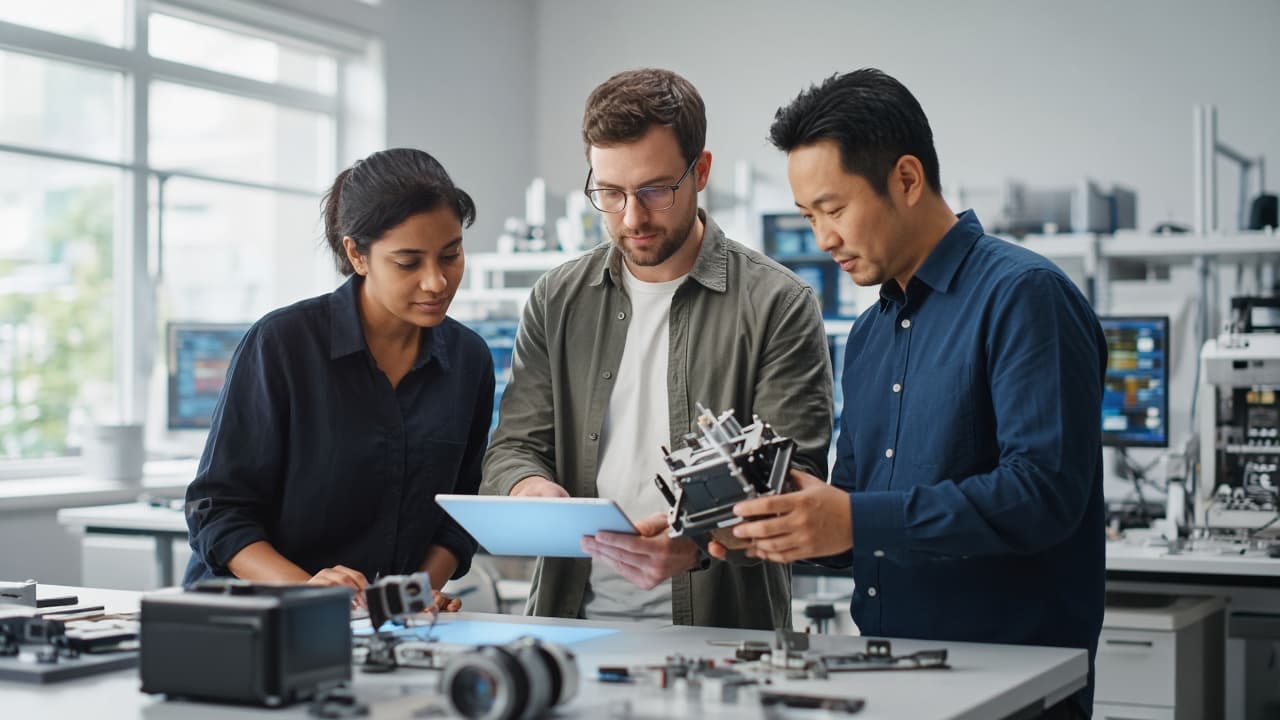 Researchers collaborating on a technology prototype in an innovation lab