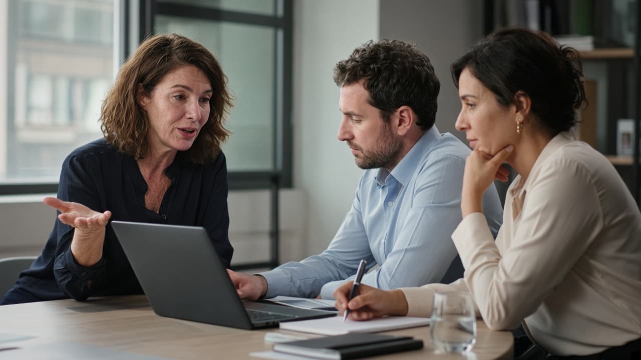 Consultants discussing a technology plan around a laptop in a modern office