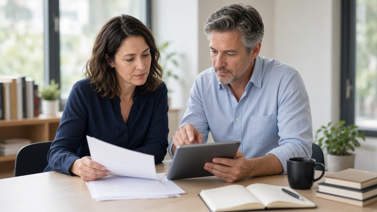 Professionals reviewing insights and technology notes in a modern workspace